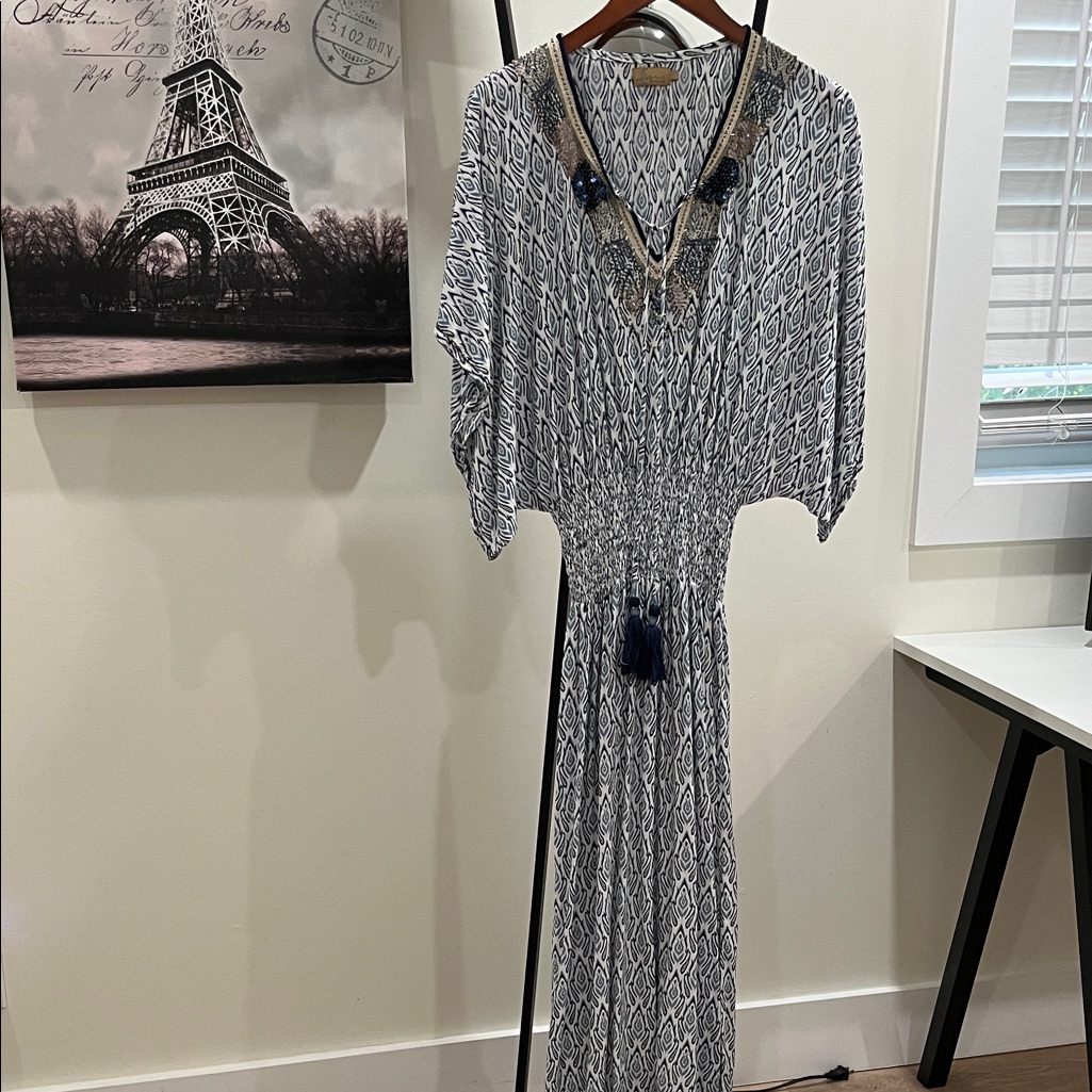 Skemo Navy And White Printed Maxi Dress With Tassel Detail